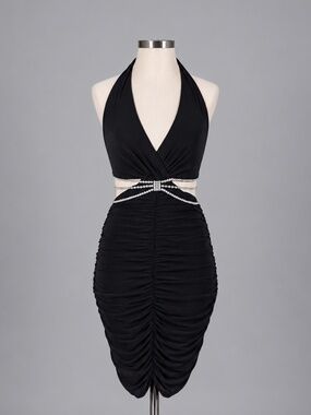 Sabora Black Ruched Halter Mini Dress with Rhinestone Details – Size S